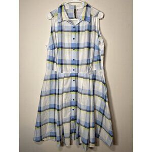 JULIAN TAYLOR Knee Length Shirt Dress A Line Blue Yellow Plaid Classic 14W
